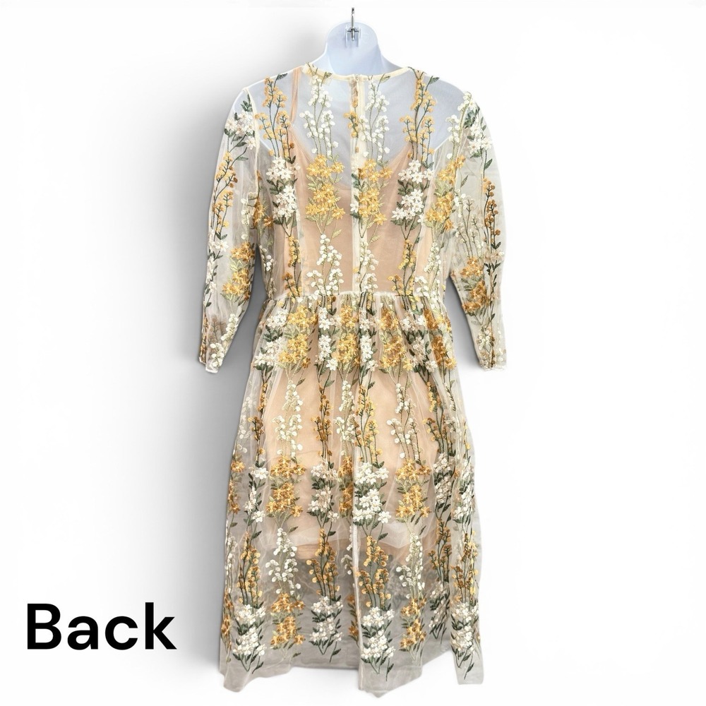 Vtg Metisu Embroidered Dress Sz XL Beige Floral Fairy Cottage Core Boho Feminine - Picture 5 of 16